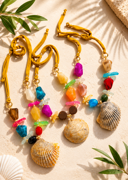 Collar hecho a mano elaborado con caracol de Puerto Rico, cuarzo natural  y acrílicos en colores para dar ese pop color a tu outfit. Sistema de ajuste en técnica de alambrado que te permite lucirlo en el largo de tu preferencia.